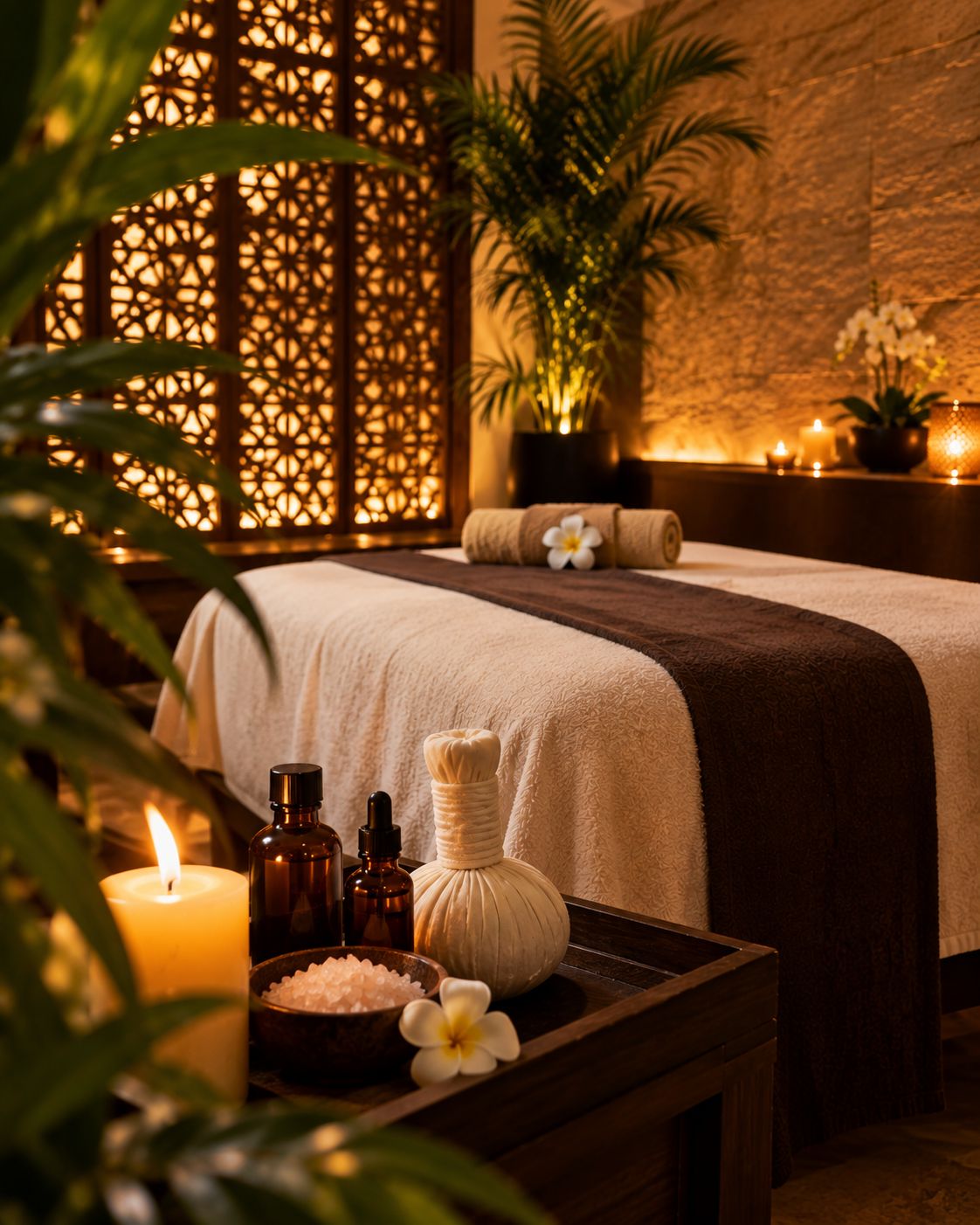 Massage bed dressed in fresh linen beside a tray of aroma oils, bath salts, a herbal compress and a lit candle. Relax Wellness Spa, HSR Layout, Bengaluru
