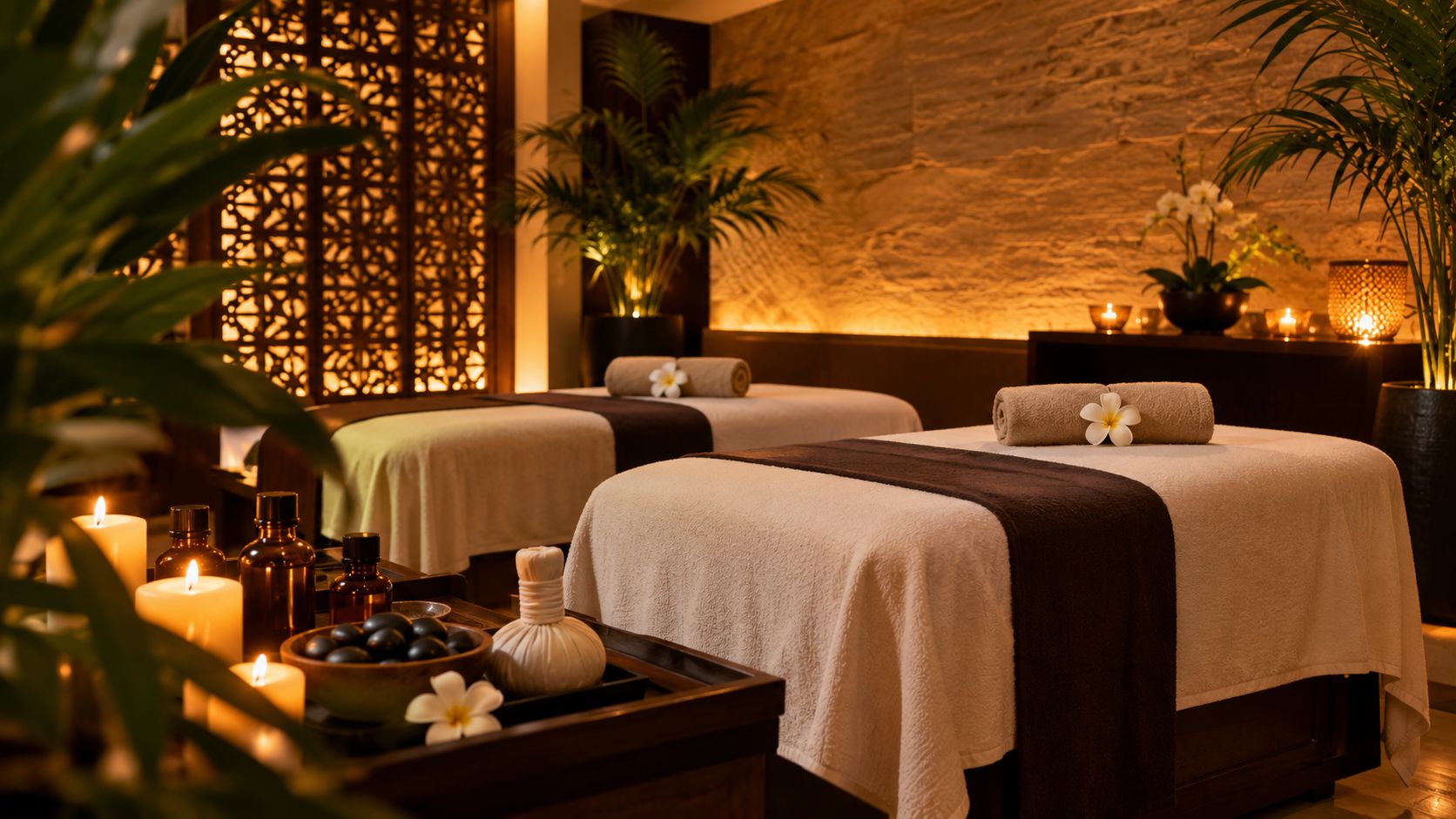 Candle-lit couples massage suite with two massage beds side by side, rolled towels and frangipani flowers. Relax Wellness Spa, HSR Layout, Bengaluru