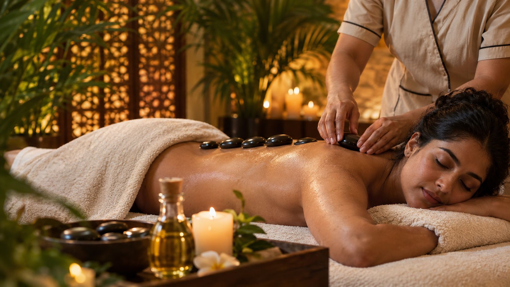 Therapist placing warm, smooth stones along a guest's back in a candle-lit spa treatment room