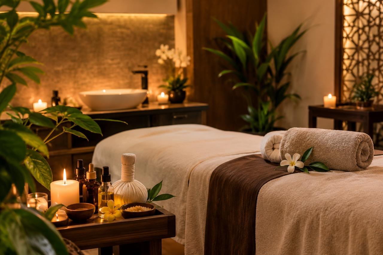 Candle-lit luxury spa treatment room at Relax Wellness Spa, HSR Layout, Bengaluru, with a massage bed, rolled towels, frangipani flowers, herbal compress and aroma oils