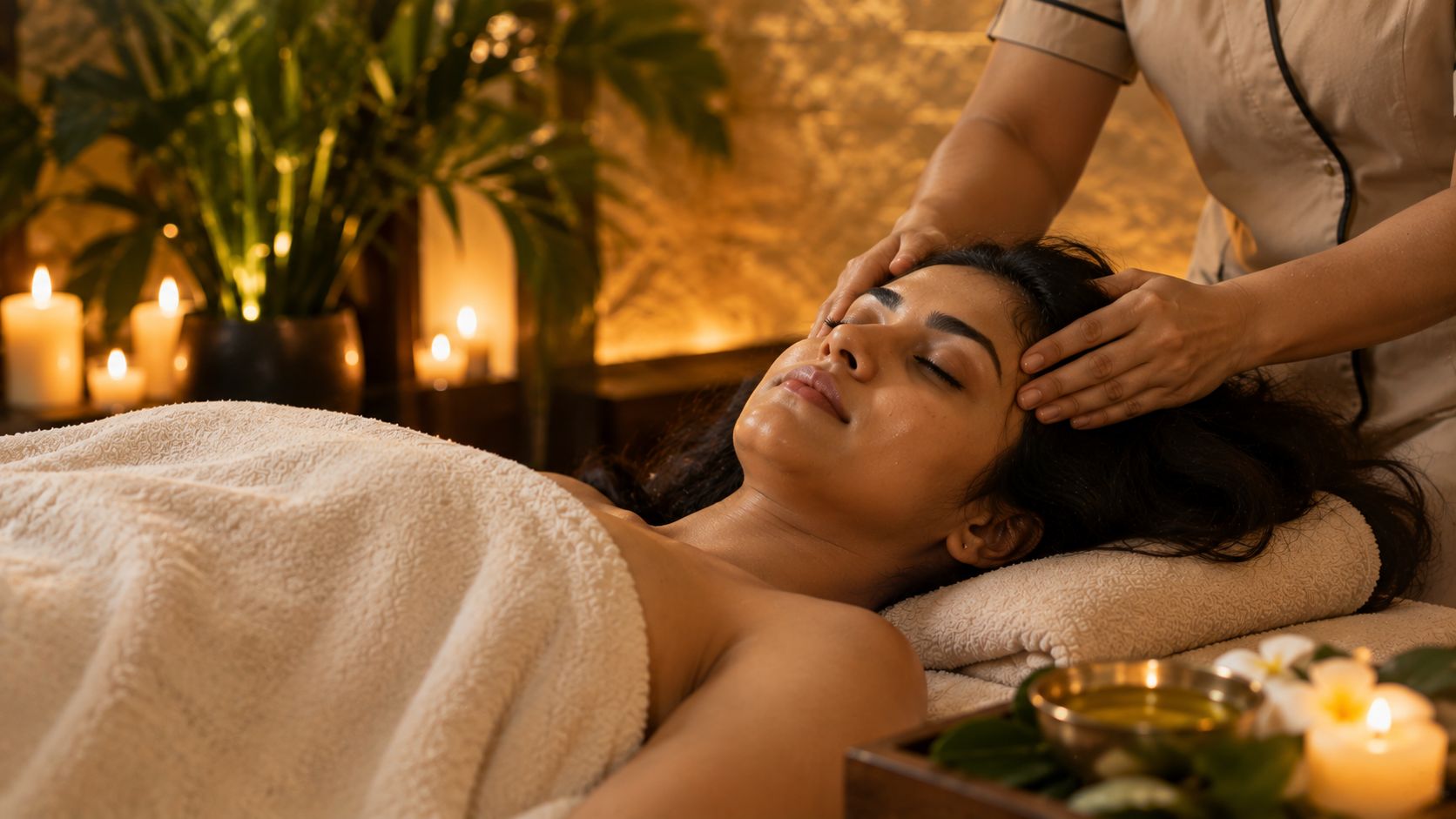 Therapist giving a guest a gentle head massage in a candle-lit spa room. Relax Wellness Spa, HSR Layout, Bengaluru