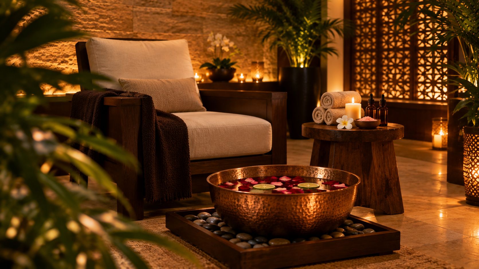 Spa relaxation lounge with a cushioned armchair, a copper bowl of rose petals and lime slices, rolled towels and candles