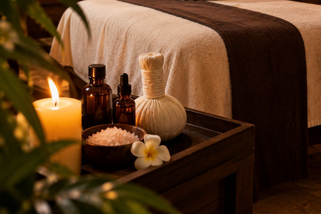 Wooden tray with a lit candle, amber bottles of massage oil, a bowl of pink bath salts, a herbal compress and a frangipani flower